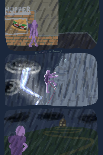 digital drawing with three panels. a lilac figure is walking past a burger king with a whopper advertisement poster while in a heavy storm. the rain is soaking Lilac to an uncomfortable degree. next, Lilac is climbing a mountain while it is still raining strongly and a lighting is visible in the background, lighting up the whole scene. Liilac is wearing a climbinb harness and has a rope that's hooked into the mountains hook-in points. lastly, Liilac is looking at a cabin with a calmer attitude now. it is still raining like crazy, but the goal feels so much more graspable than before. Lilac has their hands on their waist. middle text between panels says "by maria on lemmy" where "maria" is written in lilac