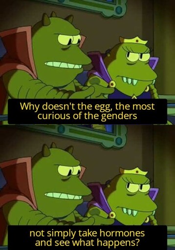 Lrrr & Ndnd from Futurama watch TV. Lrrr says: "Why doesn't the egg, the most curious of the genders not simply take hormones and see what happens?"