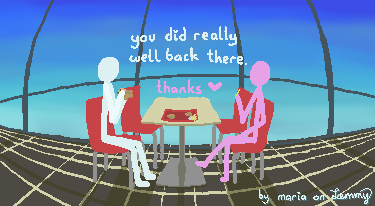 digital drawing. Lilac and White figures sit at table in a restaurant. White eating a burger, Lilac eating fries. Lilac says "you did really well back there", which Lilac replies with "thanks".