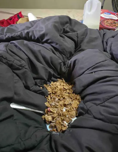 A picture of breakfast in bed. As in, the cereal and milk is directly on the sheets