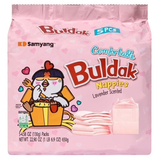 edited product image. the image used to be about korean spicy chicken noodles with carbonara flavour. the text has been replaced with "comfortable Buldak nappies, lavender scented" and an image of 5 light pink diapers has been placed where previously there was an image of some spicy noodles. there is a chicken sitting on some kind of box with a relieved expression with its head getting red. it is holding a fork and is wearing a short skirt and some kind of puffy pants underneath. the chicken image has not been altered from the origianl packaging. the background is pink and has hearts all over it.