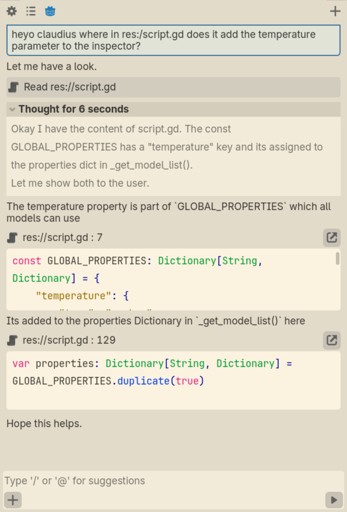 mockup made in godot game engine. shows conversation between user and language model. user asks to say where in a code file a "temperature" property is added. language model first calls read file tool, then presents the exact parts of where in the script the property is created and where it's added.