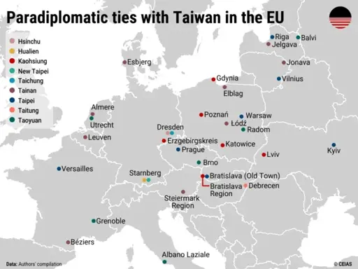 A map of Europe highlighting cities in paradiplomatic relationship with their Taiwanese counterparts. The highest concentration is in Poland.
