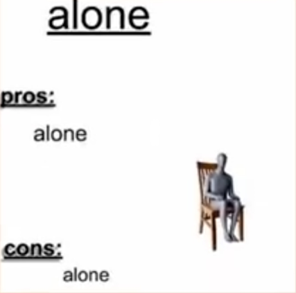 A 3D model, of a person sitting on a chair, with text that reads “alone. pros: alone. cones: alone”