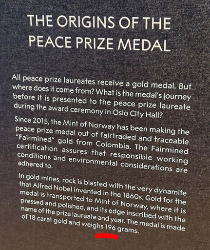 The Nobel Peace Price medal weighs 196 grams.