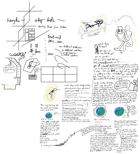 screenshot of note taking app. left side of page is taken up by shape tests, rectangles and lines all around. there are some figures walking up and down some stairs which curve into a wall and a pool on the ceiling. there are many illustrations, like someone sitting on a bunch of lines saying "why can't i stop thinking of them?", a figure on a bed swinging their legs back and fourth hitting the mattress, a figure holding a phone who gets excited about the contents displayed, which are hidden to us. there is a large section of text discussing about someones behaviour and what they mean by that behaviour. things like "you wouldn't just say that, would you?" and "let's make some assumptions here" are used a lot. the entire text goes over the alt text limit, sorry.