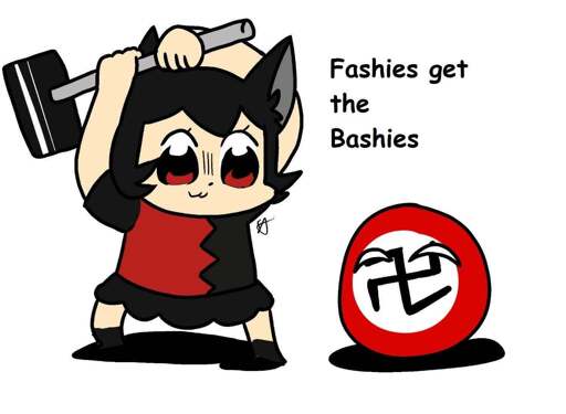 An anime character dressed in the red and black anarcho-syndicalist flag is just about to bash the nazi polandball with a hammer. There's text that says "Fashies get the Bashies"
