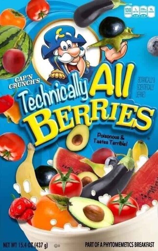 A cereal box that says "Technically All Berries". It pictures a bowl filled with bananas, tomatoes, avocado, peppers, eggplant, and watermelon. 