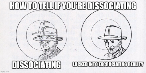 pictured are 2 circles side by side. The one on the left has a picture of a man where the image of him is overlapping himself, the one on the right has him in crisp focus without the double vision. at the top is test that says "How to tell if you're dissociating". Under the left man it says "dissociating" under the right it says "Locked into excruciating reality"