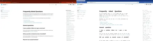 Screenshot showing Firefox on the left and Librewolf on the right. Both browsers have the LibreWolf docs open. There is a significant amount of text justifying in the LibreWolf version.