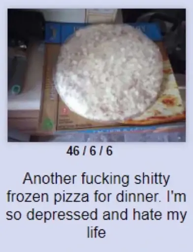A 4chan green text post reads: "Another fucking shitty frozen pizza for dinner. I'm so depressed and hate my life." 

Above is an image of a frozen pizza with a plastic wrapping still on it.