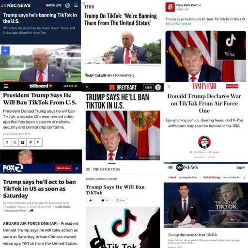 A series of headlines from different newspapers announcing trump's intention to ban tiktok