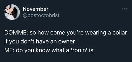DOMME: so how come you're wearing a collar if you don't have an owner
ME: do you know what a 'ronin' is
