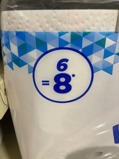 Picture of a paper towel packaging with "6 = 8" written on it