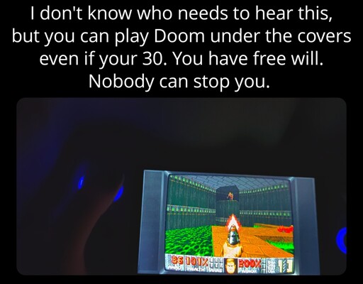 Text reads: "I don't know who needs to hear this, but you can play Doom under the covers even if you're 30. You have free will. Nobody can stop you." Below is a picture of Doom being played on a handheld under the covers. 