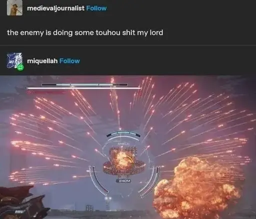 medievaljournalist: the enemy is doing some touhou shit my lord

miquellah: [image of AAP07: Balteus from Armored Core 6 firing an absurd quantity of rockets in a hemisphere]