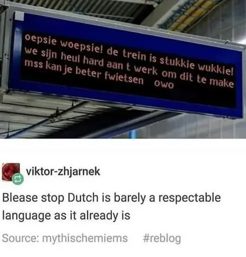 Picture of a digital train station sign saying: "oepsie woepsie! de trein is stukkie wukkie" we sijn heul hard aan t werk om dit te make mss kan je beter fwietsen owo" Reply:"Blease stop Dutch is barely a respectable language as it already is"