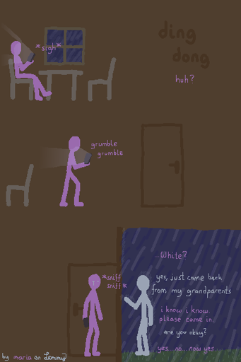 digital drawing. a lilac figure sits inside their home and looks at their phone while it's raining outside. next a soud: ding dong, which Lilac reacts to with a "huh?". they walk over to the door, grumbling, expecting a letter or something. upon opening the door and letting a bit of that rain, they find a white figure. their white figure. Lilac asks "...White?", to which White responds "yes, just came back from my grandparents". Lilac: "i know i know, please come in". Lilac is crying a bit because they haven't seen White in such a long time. they have been longing. White asks "are you okay?" and Lilac responds "yes... no... now yes.". bottom left text says "by maria on lemmy" where "maria" is written in lilac.