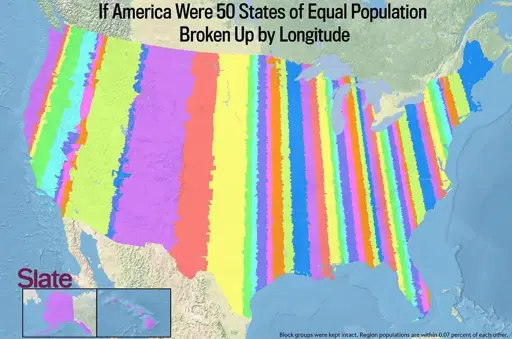 Map of the US with 50 states made of equal population by longitude. 