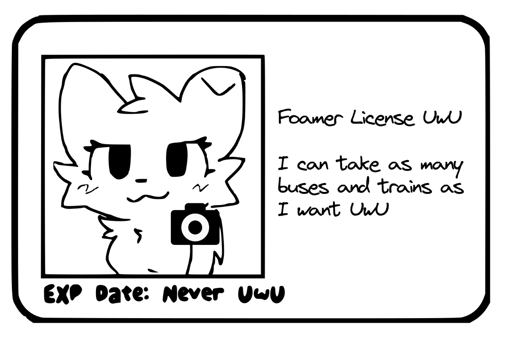 The girlkisser license adapted with the girlkisser holding a camera and the text: "Foamer License Uwu, I can take as many buses and trains as I want UwU, EXP Date: Never UwU"