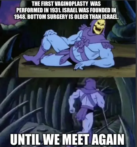 Skelator telling you something meme format:

The first vaginoplasty was performed in 1931. Israel was founded in 1948. Bottom surgery is older than Israel. 

Until we meet again