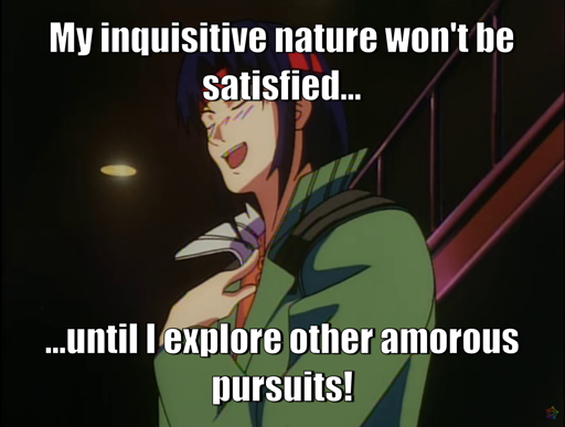 A man in a green jacket, orange-ish shirt underneath, with dark blue hair and a red headband points to himself, with his mouth open, and text along the top and bottom quotes him saying, "My inquisitive nature won't be satisfied until I explore other amorous pursuits!"