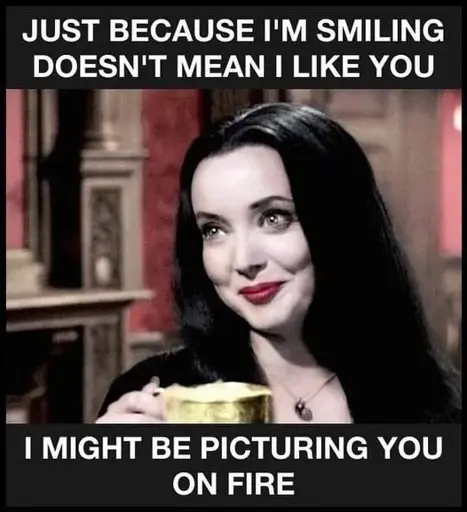 A picture of Morticia Adams with the caption: "Just because I'm smiling it doesn't mean I like you. I might be picturing you on fire".