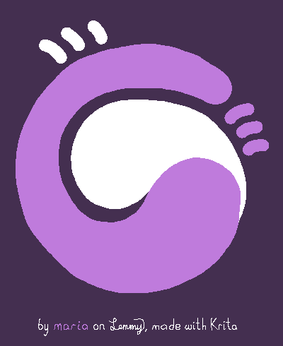 digitally drawn image with clean edges. the is a lilac swirl, encompassing a white swirl. the white swirl is laying under the lilac one and the lilac swirl cups the largest part of the white blob all around, leaving space for it to leave, if the white swirl were to be so inclined. background is dark greyish purple. bottom text says "by maria on lemmy, made with Krita". the name "maria" is written in lilac.
