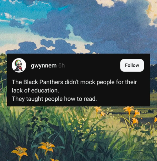 @gwynnem: The Black Panthers didn't mock people for their lack of education. They taught people how to read.