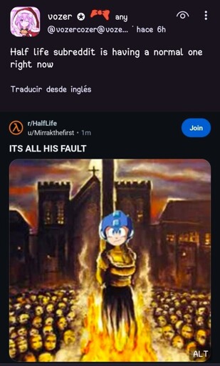 Post on Mastodon by @vozervozer saying "Half life subreddit is having a normal one right now" and sharing a screenshot of the Half-life subreddit with user u/Mirrakthefirst saying "ITS ALL HIS FAULT" with an image of Megaman being burned as a witch.