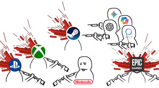 PlayStation and Xbox shooting themselves with shotguns. Epic Games shooting themselves with two shotguns. Steam being shot by all the AI companies using shotguns. Nintendo seeing everything with concern, but with a shotguns in their hands.