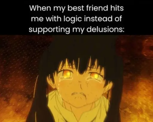 Picture of a distraught anime girl captioned with "When my best friend hits me with the logic instead of supporting my delusions".