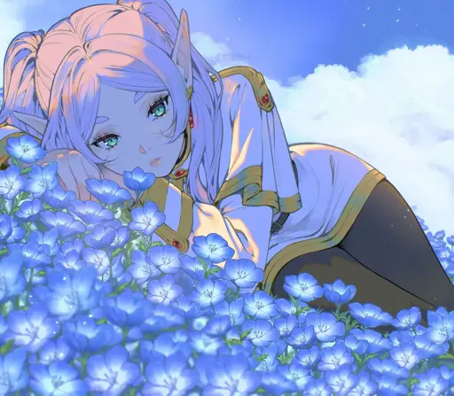 Frieren lays right arm sideways staring at Blue-Moon Weed Flowers (蒼月草) with a melancholic look during dusk