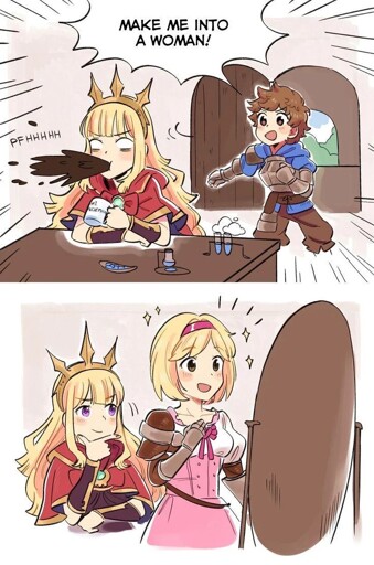 2 panel comic featuring Gran and Cagliostro from Granblue Fantasy. The former asks the latter to make him into a woman. The following panel shows Cagliostro and Djeeta in front of a mirror, with Cagliostro proud of her work and Djeeta admiring herself.