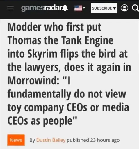 Screenshot of a Gamesradar article headline by Dustin Bailey, 'Modder who first put Thomas the Tank Engine into Skyrim flips the bird at the lawyers, does it again in Morrowind: "I fundamentally do not view toy company CEOs or media CEOs as people"'