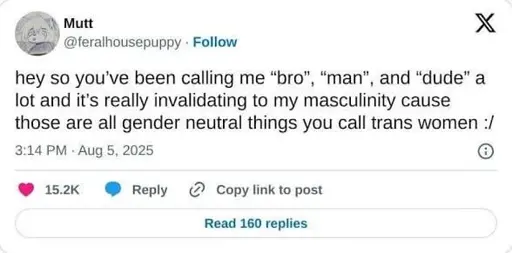 Screenshot of a tweet by @feralhousepuppy: hey so you've been calling me "bro", "man", and "dude" a lot and it's really invalidating to my masculinity cause those are all gender neutral things you call trans women :/