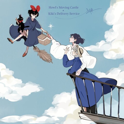 a drawing captioned "Howl's Moving Castle + Kiki's Delivery Service"; Kiki and Jiji are hovering on a magic broom near Howl and Sophie who are standing on their castle balcony; Kiki is handing Howl a picnic basket