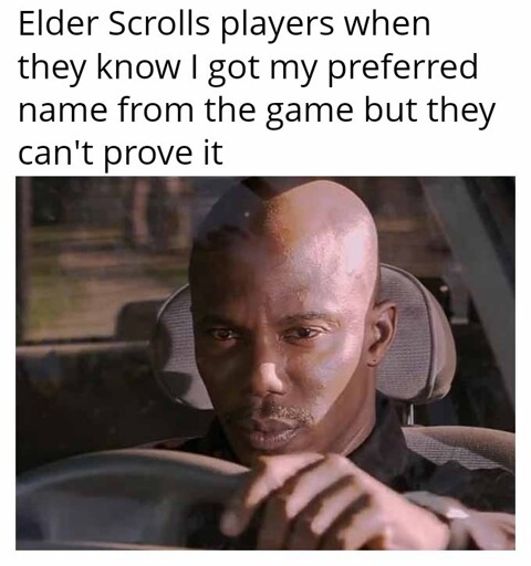 A top text reads: "Elder Scrolls players when they know I got my preferred name from the game but they can't prove it" Below is Doakes from the TV series Dexter, he sits in his car ensnared by his suspicions.
