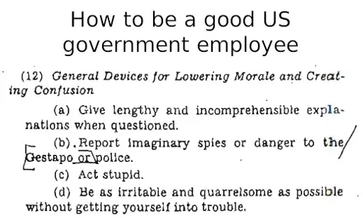 Page 31 of the Simple Sabotage Field Manual, about "General Devices for Lowering Morale and Creating Confusion"