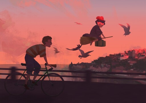 a painting of Kiki and Tombo traveling together at sunset; Kiki is flying ahead on her broom with some birds, high enough to be partially lit by the sunrise; Tombo is riding his bicycle on an elevated coastal road in the shadows, trying to keep up