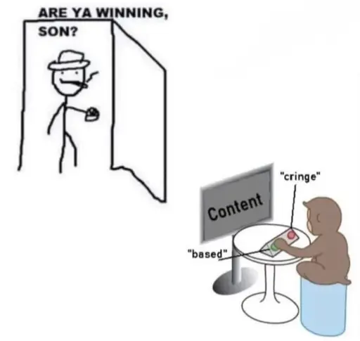 A meme of a stick figure opening a door to a room with a monkey seated at a desk. The monkey has two buttons to push to respond to the computer screen. The buttons are labeled 'based' and cringe', and the computer screen is labled 'content'. The stick figure walking in is saying, 'are ya winning, son?'