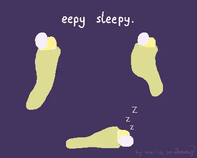 digital drawing of a white figure, wrapped in a blanket and hugging some kind of soft object, lik a pillow or another blanket or a stuffie. they are shown in different positions: legs leaning back a bit creating something of an S curve, the legs angled inwards in a fetus-like position and finally laying down, with the stuffie ontop of them, relaxed and sleeping. text overtop says "eepy sleepy". bottom right says "by maria on lemmy" in faint text.