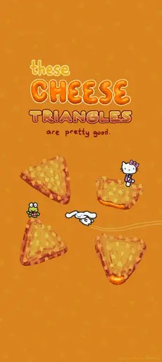 digital drawing on orange background. text says "these cheese triangles are pretty good". there are four nacho cheese triangles drawn. they look crispy and some of them show the liquid cheese inside leaking out. there are various sanrio characters visible on the cheese triangles, specifically Hello Kitty, Keroppi and Cinnamoroll. bottom right says "by maria on lemmy"