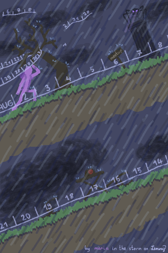 digital drawing. there are two grass paths on a very stormy background. there is harsh rain and all of the environment is being blasted and drenched heavily by it. there are dark clouds as well. there is a lilac figure going up against the rain. they have a backpack with them and are holding their hand over their eyes so they can see better. there are dates from a calendar flying all around the place, propelled by the heavy wind. there is a dead tree, leaning in the direction of the storm, in which a few calendar days got cought in. there is a sign saying "meetup" on the 6th of august, but there is also a spider atop a stone pillow, ominously watching the same day. between august 16th and 19th there is a table and some chairs that fell over due to the rain. there is a sign on the table with a red "denied" symbol on it. every object is clearly drenched in rain and the whole image is so furiuos and dense with rain that it's almost uncomfortable to watch. bottom right sas "by maria in the storm on lemmy", where "maria" is written in Lilac.
