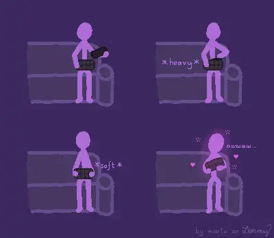 digital drawing on purple background. lilac figure sits on couch holding a puffy carrying case and a nintendo switch 2 handheld. they put the handheld in the pouch and notice how heavy the pouch beomese because of it. afterwards they touch the pouch, noticing how very soft it is. finally, they end up cradling the carrying case with the system inside and saying "awwww" with hearts and sparkles arund them. bottom right says "by maria on lemmy"
