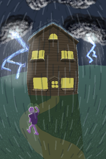 digital drawing. a lilac figure with a backpack is walking on a path towards a cabin on a large grassy field. it is storming heavily all around, there are lighning strikes lighting up the scene, including the lilac figure and the cabin from the sides. there is heavy rain falling onto the cabin and lilac, creating a visibile halo of arain around them. Lilac is very close to the cabin, just a few meters away. they are holding their hand near their face so they can see better despite the furious rain. atop the cabin it says "by maria on lemmy".