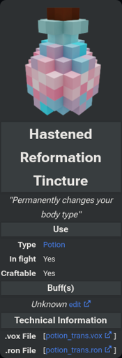 A fact sheet of "Hastened Reformation Tincture" potion, from a game called Veloren. The potion is coloured with Trans flag colours and its description says "Permanently changes your body type"