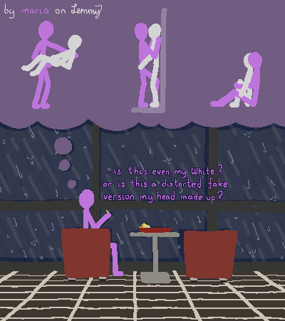 digital drawing. it is raining furiously outside. rain is hitting the windows. a lilac figure is sitting in a comfortable red armrest chair inside of a restaurant. it appears to be designed after "Burger King" interior. the lilac figure has a pack of fries on their table and are eating one of them. there area still plenty fries left over. lilac is thinking about things they did with a white figure: they princess-carried them, they pinned them against a wall and kissed them and they sat down with them, holding their legs closely. but now they are unsure about if they remember all this correctly. Lilac is thinking "is this even my White? or is this a distorted fake version my head made up?". top left says "by maria on lemmy" where "maria" is written in Lilac.
