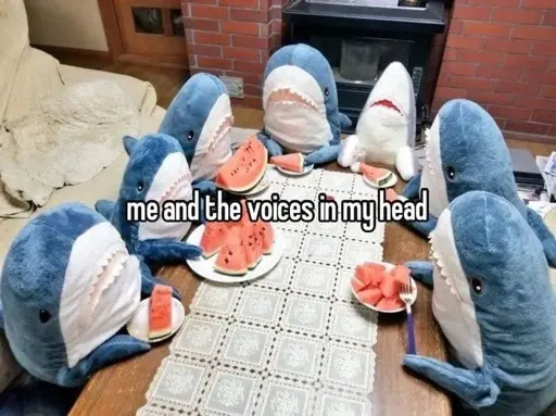 Picture of a bunch of Blåhajs sitting around a table eating watermelon captioned: "me and the voices in my head"