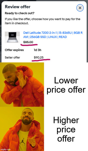 Pictured is an offer from ebay from the seller that is higher than the price listed for the item. Below that is a drake meme where he's shying away from the phrase "Lower price offer" and happy with the phrase "Higher price offer"
